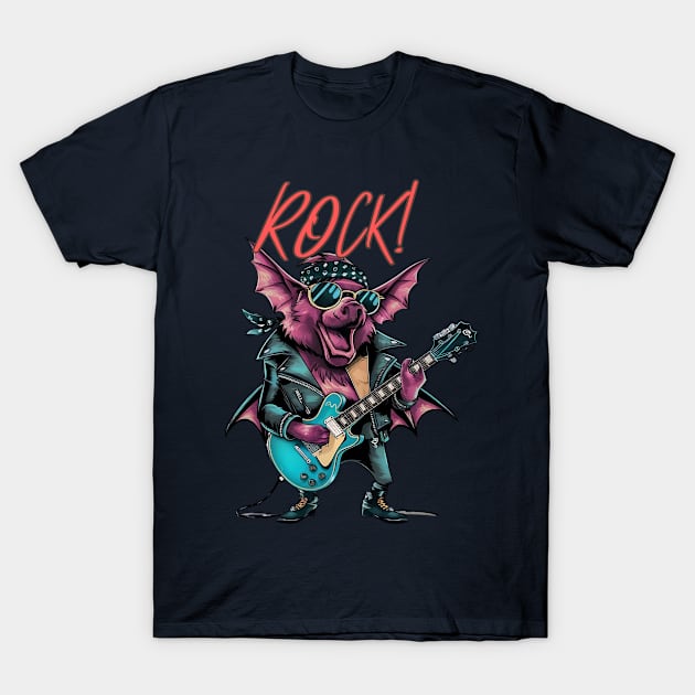 Vintage Bat Rocker on Guitar T-Shirt by YuriArt